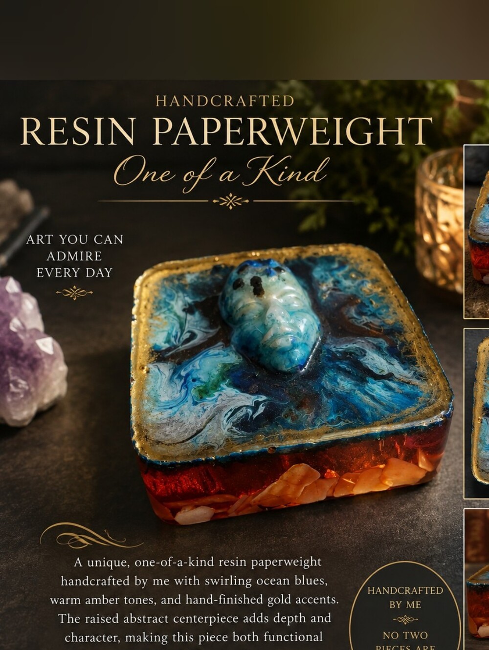 Hand Crafted Blue and Amber Resin Paperweight